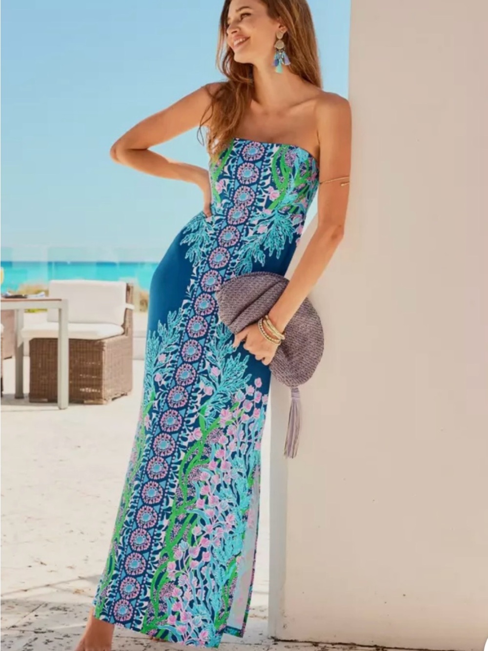 Lilly Pulitzer Noa Strapless Maxi Dress Barton Blue Secret Escape Print